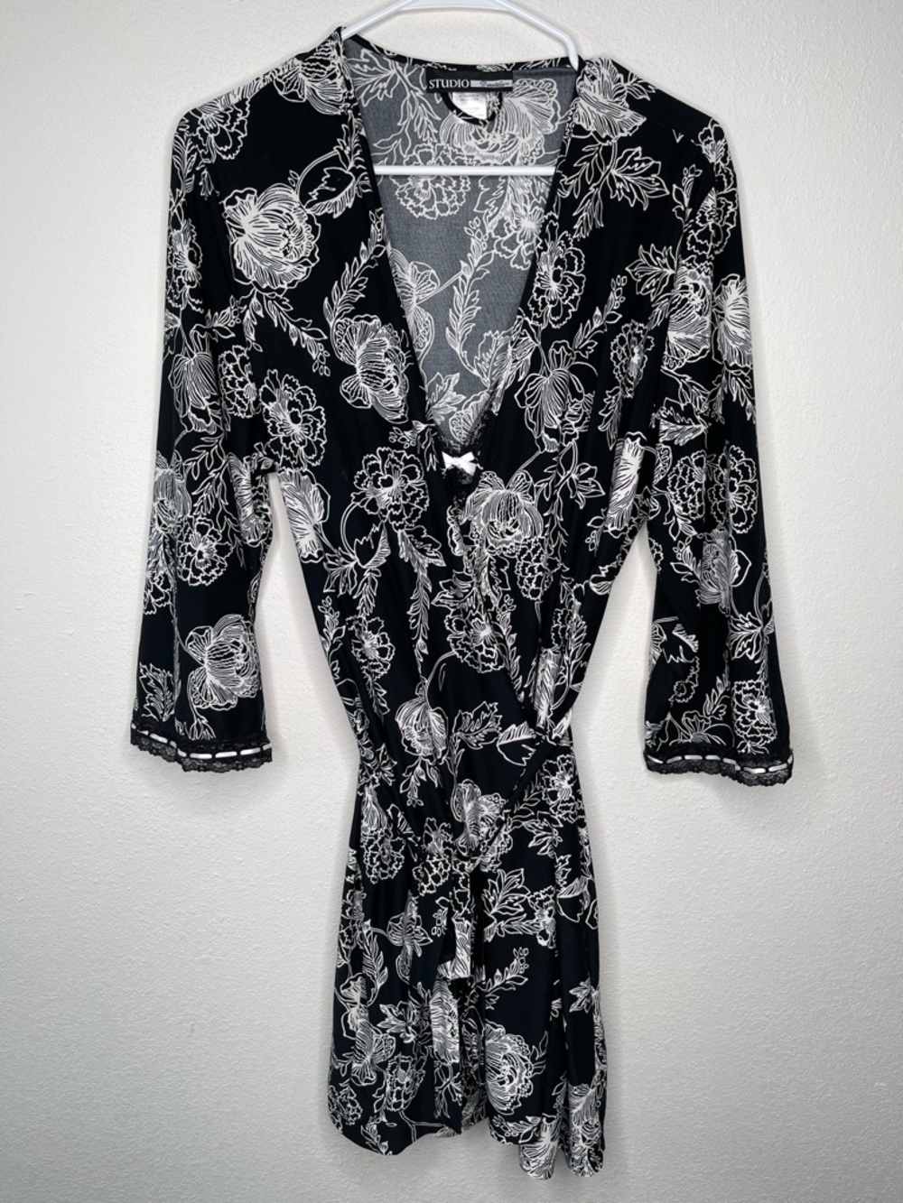 Studio Donatella Jersey Slip Dress Nightgown & Wrap Robe B/W Floral 2 Pc Set L